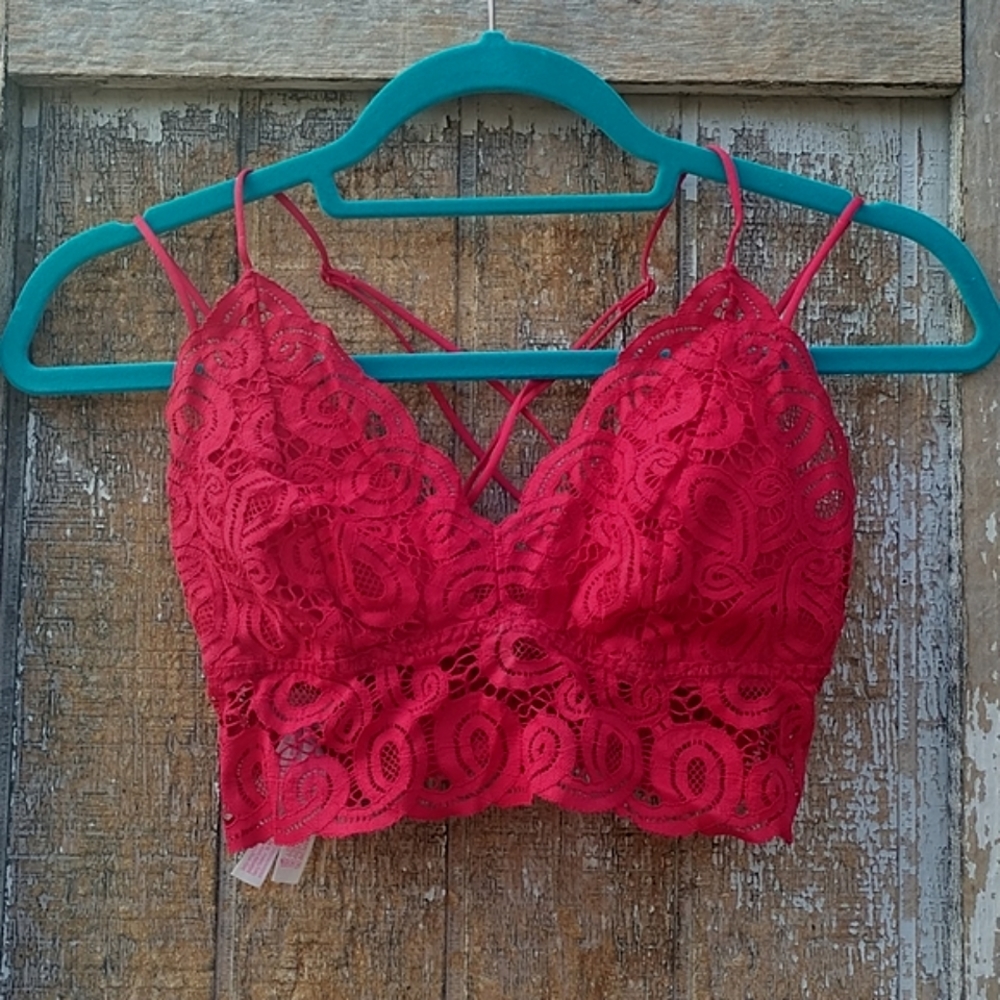 VICTORIA’s SECRET VS PINK Red Guipure Lace Strappy Longline Bralette M